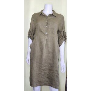 Elena Baldi Linen Shirt Dress Womens Large Army Green Roll Tab Sleeve Lagen Look